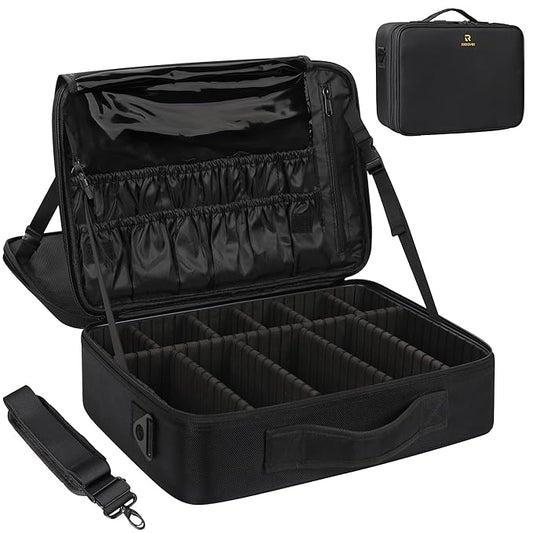 MONSTINA Large Makeup Case, 3 Layers Makeup Bag Cosmetic Organizer Brush Bag Barber Train Case Makeup Artist Box for Hair Curler Hair Straightener Brush Set and Cosmetics