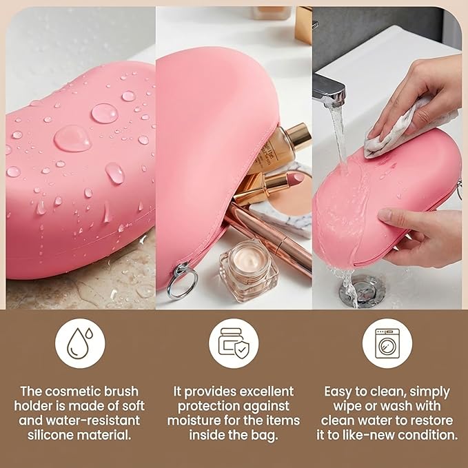Silicone Makeup Bag for Travel, Zipper Makeup Tools Bag, Large Makeup Brush Holder, Waterpoof Toiletry Bag, Large Capacity Cosmetic Bags, Gifts for Girls Girlfriend Wife Birthday Gift (Rose pink)