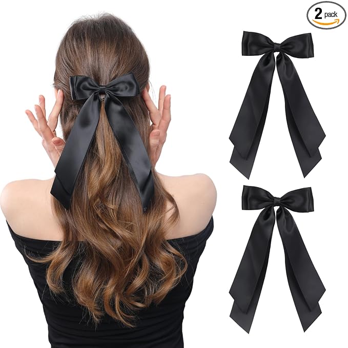LuSeren 2 PCS Double Layer Hair Bows Black Hair Ribbon Clips Ponytail Holder Accessories for Women Girls Toddlers Teens Kids