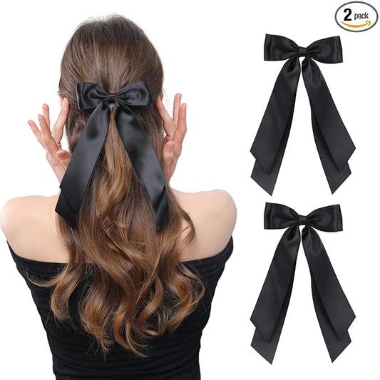 LuSeren 2 PCS Double Layer Hair Bows Black Hair Ribbon Clips Ponytail Holder Accessories for Women Girls Toddlers Teens Kids