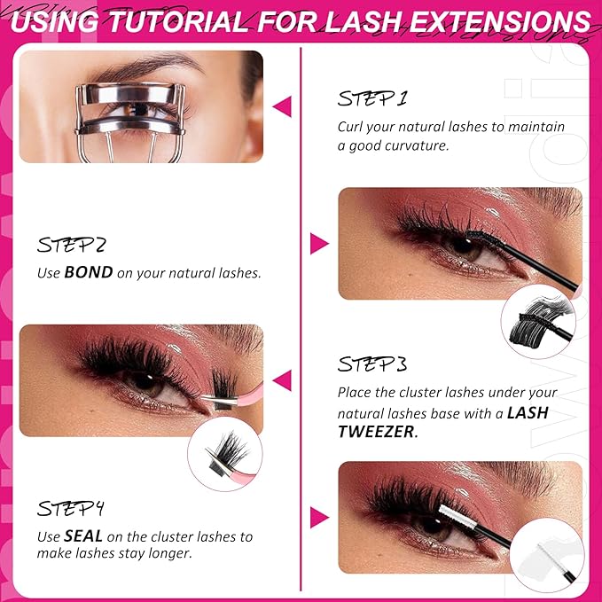 Fowendia Lash Clusters Kit Fluffy 200D Individual Lashes D Curl Cluster Eyelash Extensions 10-18mm DIY Lash Extension Kit Lash Bond and Seal Waterproof, Lash Applicator, Thick False Eyelashes Kit