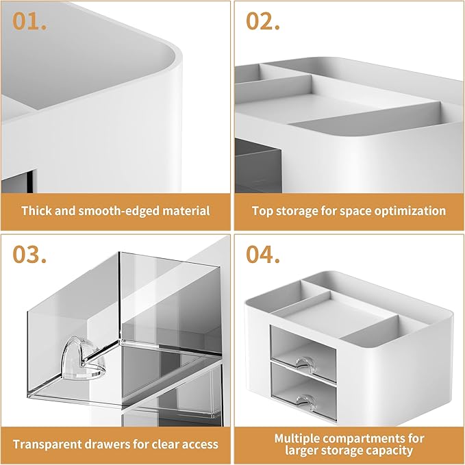 Marbrasse Pen Organizer with 2 Drawer, Multi-Functional Pencil Holder for Desk, Desk Organizers and Accessories with 5 Compartments + Drawer for Office Art Supplies (White)