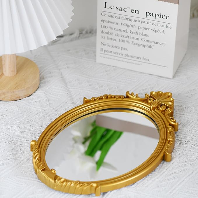 Decorative Vintage Oval Makeup Mirror with Gold Plastic Frame,Tabletop Mirror-7.5 x 11 inches