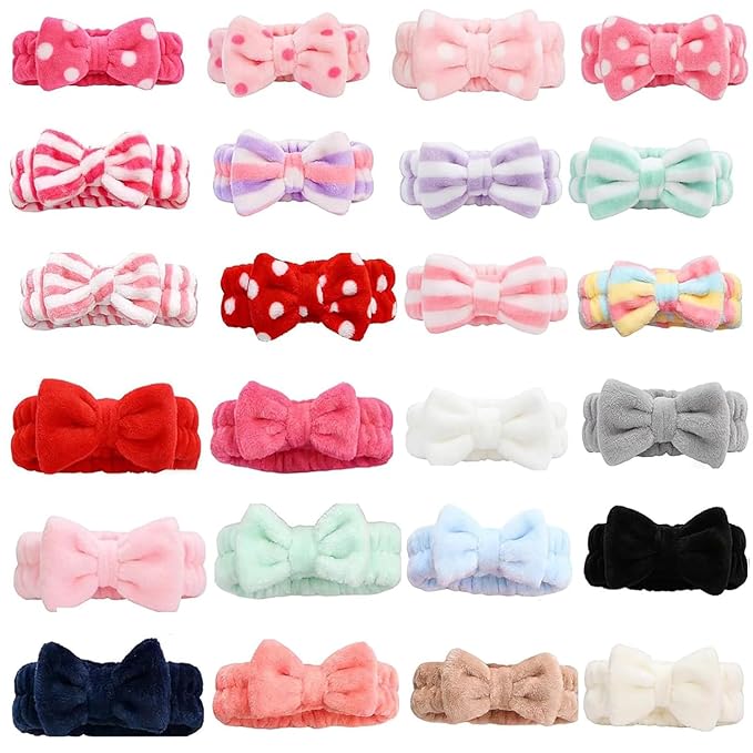 24 Pieces Spa Headband Facial Makeup Bow Hairband Women Face Wash Adjustable Skincare Headbands Bulk Soft Flannel Towel Head Wraps for Women Washing Face Shower (Stripe)