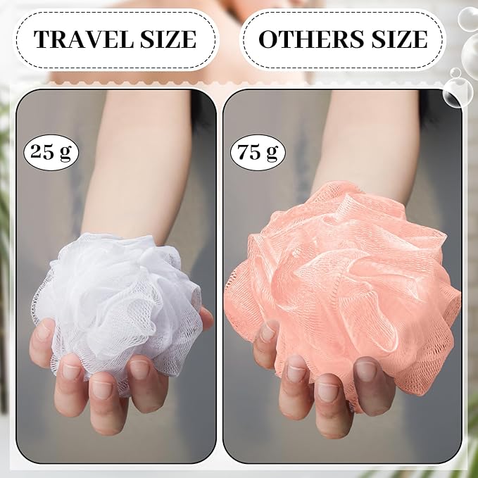 12 Pcs Travel Size Loofah Individually Wrapped, Small Shower Puff Bath Sponge Pouf Ball Bulk Mesh Bath Puff Mini Loofah Sponge with Case Bulk for Shower Care (25g,Pink)