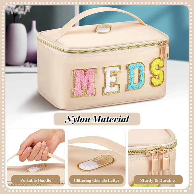 Geetery Clear Makeup Bag Chenille Letter Meds Bag Travel Cases Preppy Patch with Zipper, Portable Cosmetic Toiletry Storage case for Women(Meds,Beige)