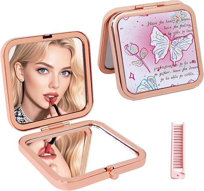 Compact Mirror with Folding Comb, 2-Sided 1X/2X Magnification, Pocket Travel Makeup Mirror for Women Girls, Small Portable Handheld Mirror, Travel Essentials, Gift Box