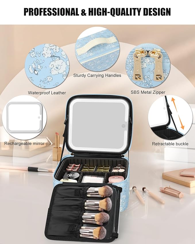 Relavel Travel Makeup Bag With LED Mirror for Women, Cosmetic Organizer Bag with Adjustable Brightness in 3 Color Scenarios, Detachable Dividers, Waterproof Train Case for Daily - White Flower
