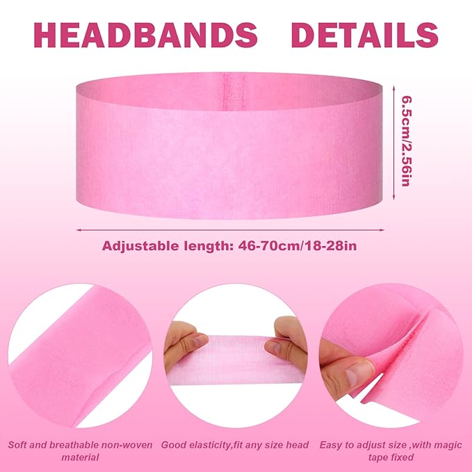 128 Pieces Disposable Spa Facial Headbands Stretch Non-Woven Headband Soft Skin Care Hair Band with Convenient Closure for Women Girls Salons Esthetician Supplies, Pink Large