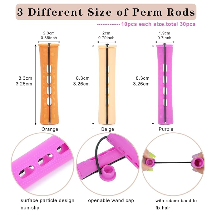 30Pcs Perm Rods Set For Short Hair,Orange Beige Purple Perm Rods For Long Hair 3 Sizes Cold Wave Non-Slip Perming Rods Hairdressing Tools