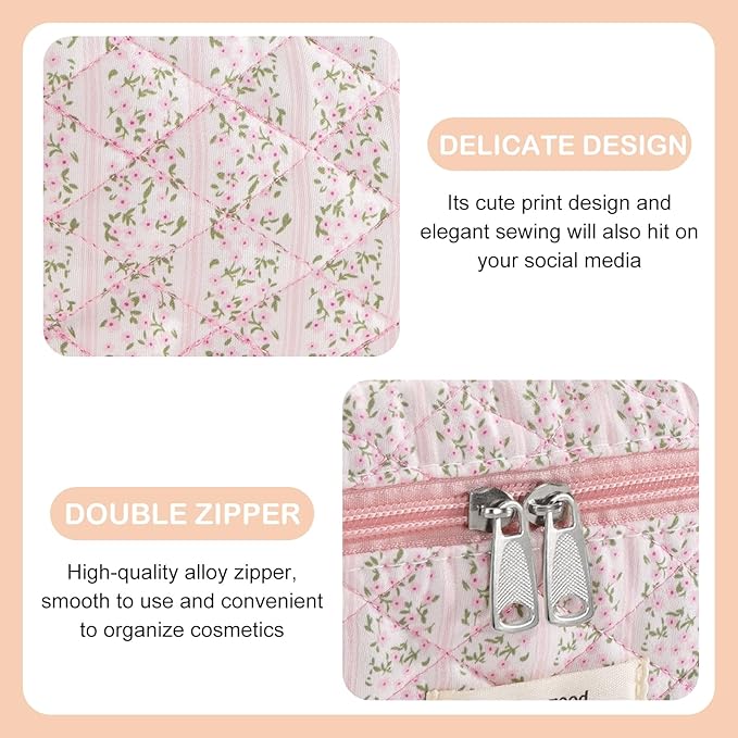 Makeup Bag for Women 3PCS Quilted Cotton Make Up Bag Travel Cosmetic Bag Large Makeup Bag Set Cute Makeups Organizer Floral Toiletry Pouch for Purse, Pink Stripe