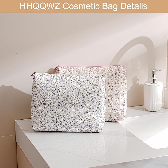 Makeup Bag Travel Cosmetic Bag for Women Girls, Zipper Make Up Pouch, Floral Flowers Toiletry Organizer Makeup, Portable Storage Bag, Cosmetic Travel Cloth Bag (L/Navy Blue Flower)