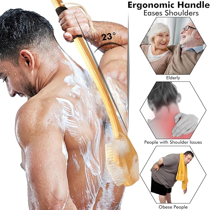 NORTHSONG Large Head Bath Brush, 17.72" Extra-Long Curved Bamboo Handle & Boar Bristles, Back Scrubber for Exfoliating - Ideal for Elderly, Shoulder Pain, Gift Ready