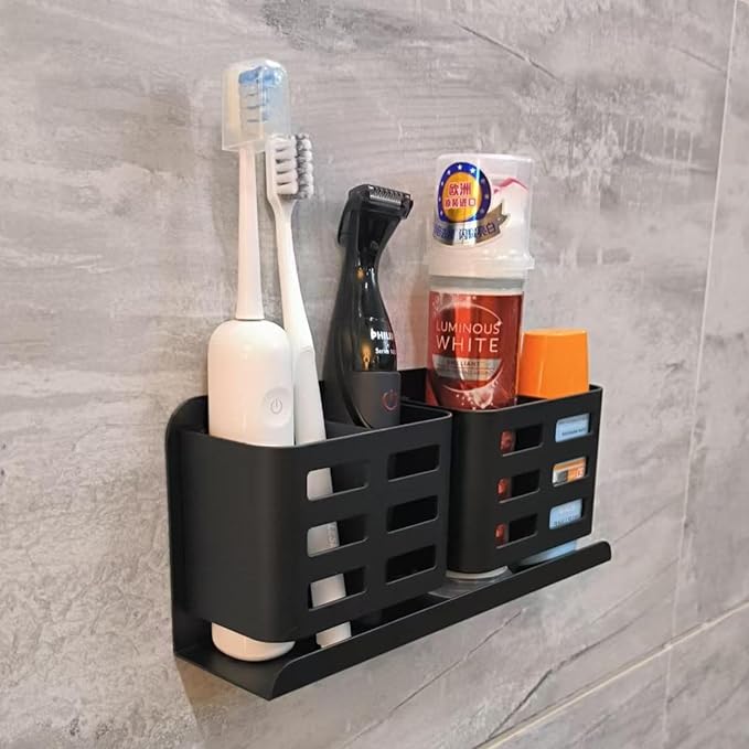 Aluminum Toothbrush Holder, Self-Adhesive Wall Mount Bathroom Organizer for Toothbrush, Razor, Comb & Toothpaste (Black)