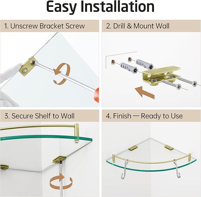 KES Glass Corner Shelf Bathroom Shelf Tempered Glass with Rail SUS 304 Stainless Steel Floating Wall Mount Bracket Brushed Gold, BGS2101A-BZ