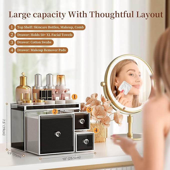 Coralhouse Multifunctional Face Towel Holder with 3 Drawers – Tempered Glass Cotton Pad & Swab Organizer – Disposable Face Towel Holder for Bathroom Vanity