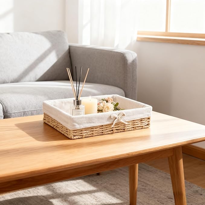 4PCS Wicker Storage Baskets Hand-woven Baskets for Shelves Rattan Basket for Bathroom Storage with Lining Decorative Rectangle Shelf Baskets Set for Pantry Kitchen Bedroom