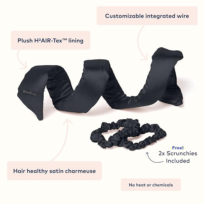 RobeCurls Original Heatless Hair Curler Set with 2 Scrunchies - Patented Satin Curling Headband with Wire Hold for Heatless Curls Overnight - Gentle Hair Curlers to Sleep In for Women & Kids, Black