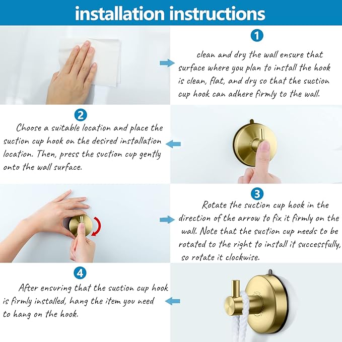 DGYB Suction Cup Hooks for Shower Set of 4 Gold Towel Hooks for Bathrooms SUS 304 Stainless Steel Shower Hooks for Loofah 15 Lb Bathroom Hooks for Towels