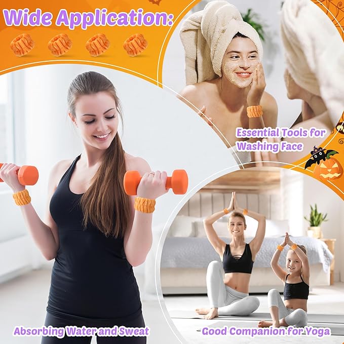 Chuangdi 4 Pairs Wrist Bands for Washing Face Wrist Spa Microfiber Wash Towel Band Scrunchies Absorbent Wristbands Sweatband for Women Prevent Liquid from Spilling(Orange)