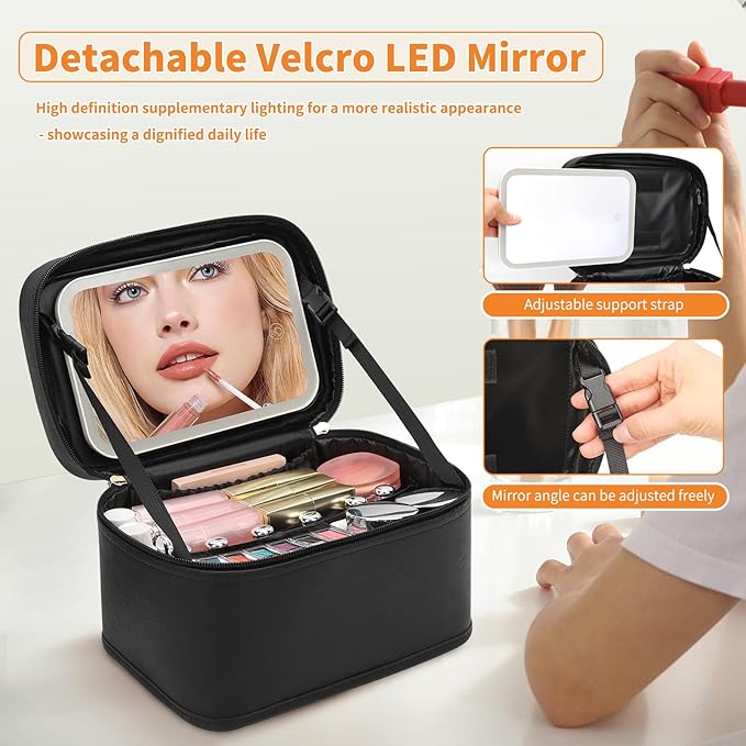 OCHEAL Makeup Bag With LED Mirror, Travel Makeup Bag With 3 Color Setting Light Up Mirror Cosmetic Organizer Vanity Case for Women Beauty Tools Accessories Rechargeable Makeup Travel Bag-Black