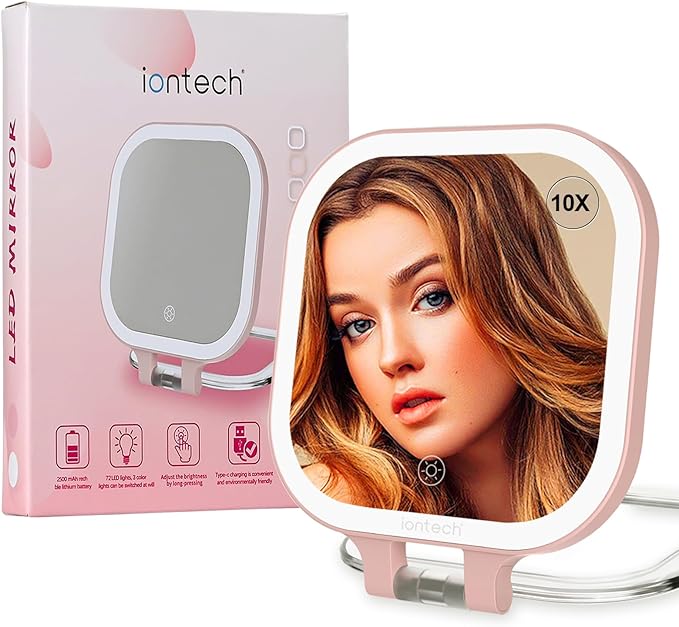 ION 7in Travel Magnifying Mirror with Light,1x/10x Makeup Mirror with Magnification,2500mAh Battery Double Sided Vanity Mirror,3 Color Light,Brightness Adjustment Memory,Folding Stand (Pink)