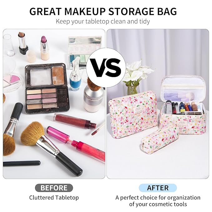 senbowe Floral Makeup Bag, 3 Pack Large Cotton Quilted Makeup Bag Set, Cute Floral Coquette Aesthetic Toiletry Bag Make Up Cosmetic Bag for Women, Toiletry Travel Make Up Organizer Bag