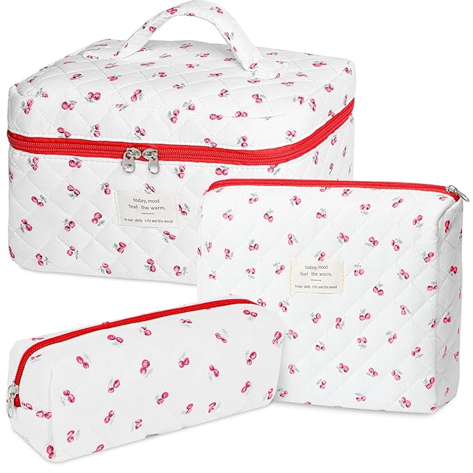 senbowe Floral Makeup Bag, 3 Pack Large Cotton Quilted Makeup Bag Set, Cute Floral Coquette Aesthetic Toiletry Bag Make Up Cosmetic Bag for Women, Toiletry Travel Make Up Organizer Bag