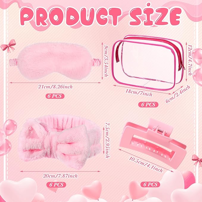 Hoteam 24 Pcs Galentine Spa Party Favors Supplies 6 Spa Headband 6 Plush Sleep Eye Mask 6 Hair Claw Clips 6 Clear Cosmetic Bags for Adult Sleepover Slumber Party Valentine Gift(Pink)