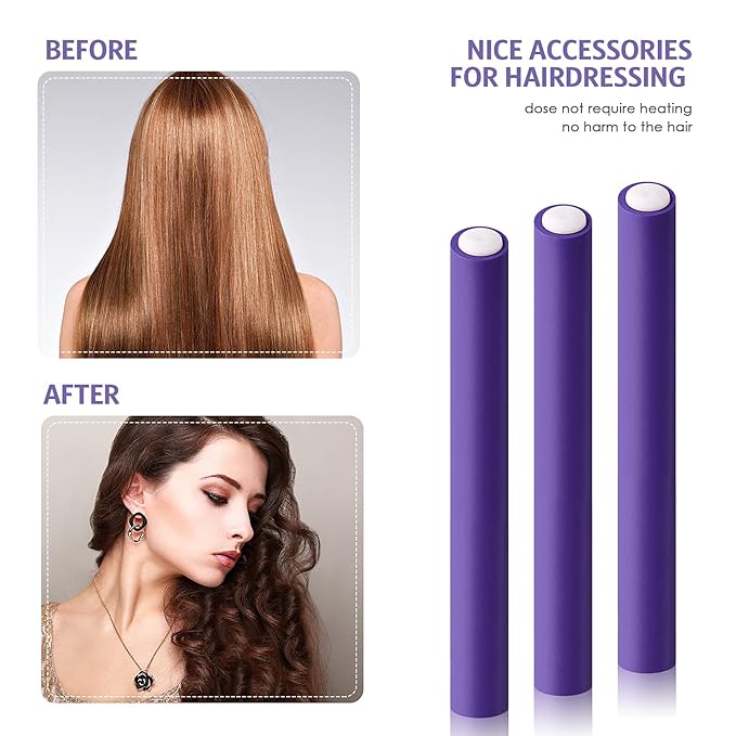 Syhood 30 Pieces Flexible Curling Rods Twist Hair Rollers Soft Foam Rods No Heat and 1 Pcs Steel Rat Tail Comb for Women Long and Short Hair (7 x 0.8 Inch,Purple)