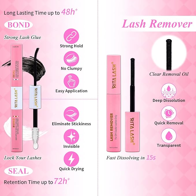 Lash Clusters Kit Eyelash Clusters Kit Cat Eye Lashes Clusters Lash Extension Kit Cluster Eyelash Extensions Pestañas Postizas Naturales with Lash Bond&Seal,Remover,Lash Tweezers(Cat Eye Lash Kit)