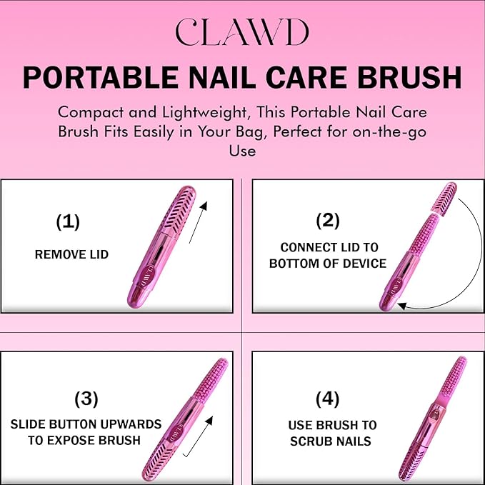 CLAWD Nail Brush for Cleaning Fingernails | Soft Bristle Portable Travel Nail Cleaner Brush for Women | Pink