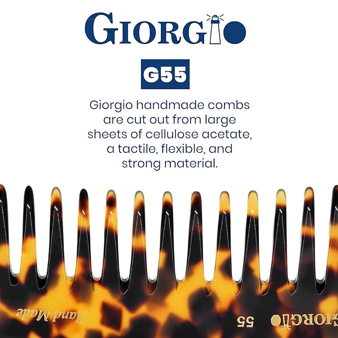 Giorgio G55 Wide Tooth Detangling Comb for Wet Hair, Hair Comb for Thin to Medium Thickness Hair, Combs for Women and Men, Handmade Large Tooth Rake Comb Saw-Cut and Hand Polished