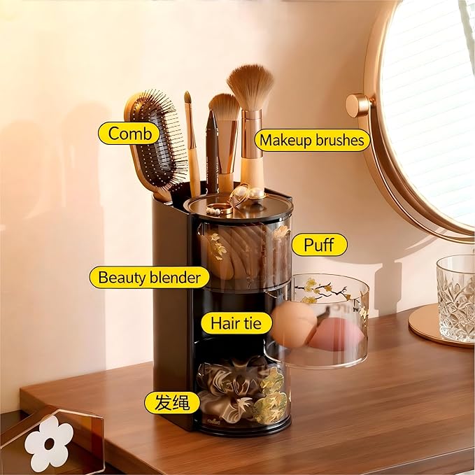 Hair Accessories Organizer with Hair Brush Holder, Rotatable Makeup Brush Holder for Necklaces, Earring, Bracelet, Ring, Makeup Brushes, Hair Clip and Hair Accessories (Black, 3-Layer)
