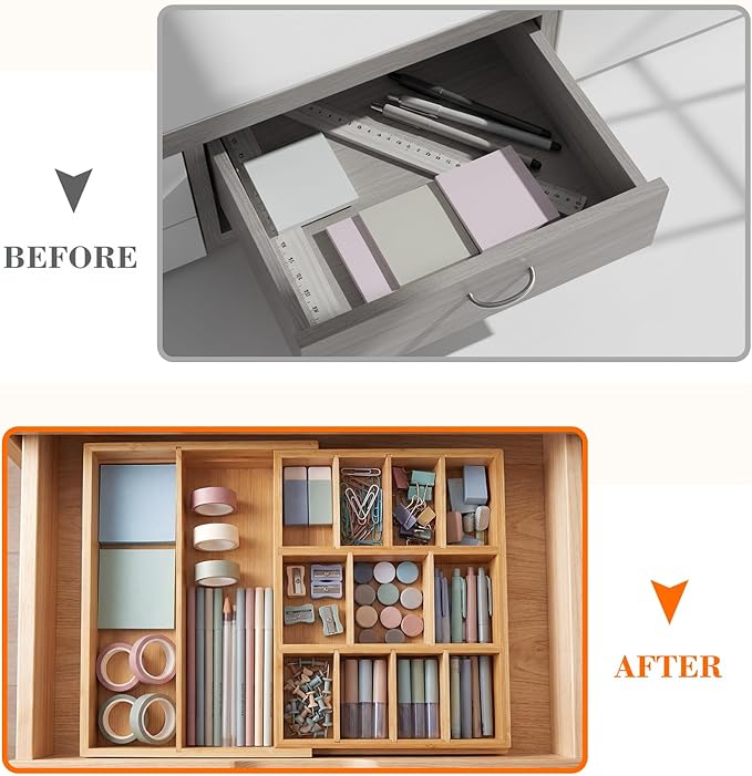 1 Pcs Bamboo Desk Drawer Organizer Wood 2 Inch Height Expandable Drawer Organizer Trays with 13 Adjustable Compartments Desk Accessories for Makeup Silverware Office Bathroom(Wood, Natural)