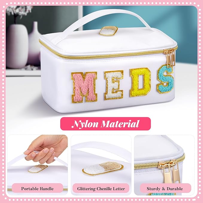 Geetery Clear Makeup Bag Chenille Letter Meds Bag Travel Cases Preppy Patch with Zipper, Portable Cosmetic Toiletry Storage case for Women(Meds,White)