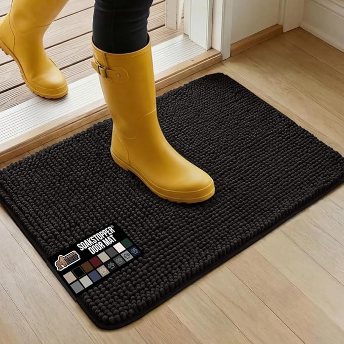 GORILLA GRIP SoakSTOPPER Dog Door Mat, Machine Washable Rug Absorbent Doormat Captures Moisture Mud Dirt, Quick Dry Soft Chenille Entryway Rugs Indoor Entrance Mats for Dog Paws, 24x17 Black