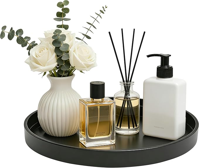 2 Pack 10" Bathroom and Vanity Tray, ABS Bathroom Counter Organizer， Coffee Table Decor for Perfume, Candles, Keys &More. Kitchen Countertop Organizer, Decorative Tray Soap Holder, Black