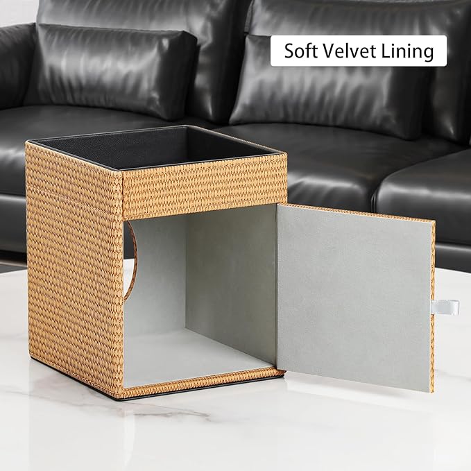 Tissue Box Cover, PU Leather Square Tissue Box Holder with Storage Tray for Bathroom Vanity Countertop Night Stands Bedroom Office Desk, Stylish Tissue Holder Decorative Organizer (Yellow Rattan)