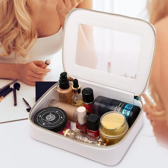 Clear Makeup Bag Set Portable Travel Cosmetic Bag and Toiletry Bag Women's Purse Pouch Cosmetic Stroage Organizer Bag with Zipper Car Essentials (White, M+Mini)