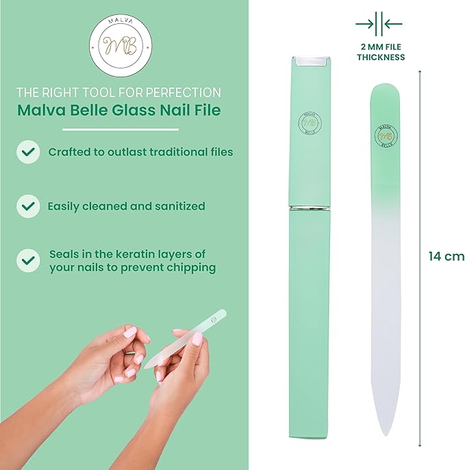 Malva Belle Best Crystal Glass Nail File for Women - File & Travel Case Set - Heavy Duty for Natural Nails, Gel - Professional Nail Shaper – Nail Care Essentials - Pastel Green 2mm