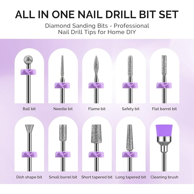 MelodySusie Nail Drill Bits, 10Pcs Diamond Sanding Bit Set with 40pcs Sanding Bands (#120#180#240 Grits) with 6.65mm Mandrel Bit, Nail Gel Polish Remover Tool for Acrylic Nails Manicure Nail Prep
