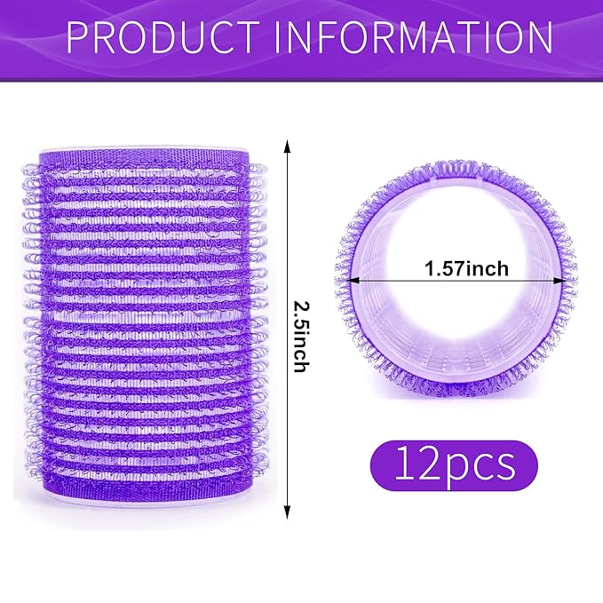 Hair Rollers, 12 Pack Self Grip Salon Hairdressing Curlers, DIY Curly Hairstyle, Large Rollers 1.57In Deep Purple