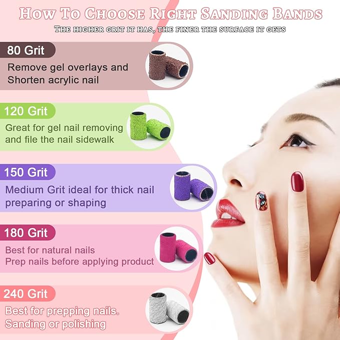 180Grit Nail Sanding Bands for Nail Drill, Pink Sanding Band for Nail Drill Fine Sanding Bands for Nail Drill with 3/32” Nail Sanding Bit for Natural Nail, 100Pcs Sand Band Set for Manicure & Pedicure