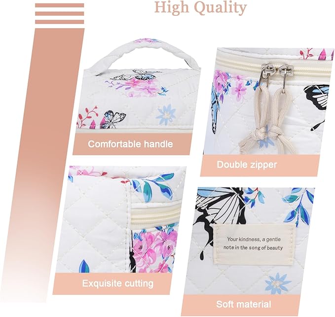 VIWIME Makeup Cosmetic Bag, Large Cotton Quilted Travel Coquette Aesthetic Cute Floral Make up Bag for Women Toiletry Bag Organizer (301-BlackButterfly)