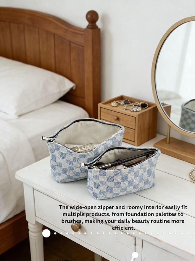 2-Pack Blue & White Checkered Makeup Bag Set - Large Capacity Cosmetic Organizer Pouch | Travel Toiletry Bag & Purse Organizer for Women Girls