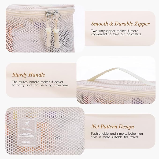 Mesh Makeup Bag, Breathable Cosmetic Bags with Zipper, Travel Lightweight Make Up Organizer Mesh, Toiletry Bag with Handle for Women Girls Gift, White