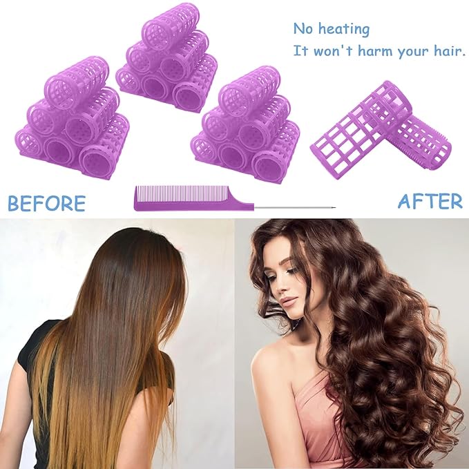 24PCS Plastic Hair Rollers Set 2.0cm/0.8in Heatless Rollers Hair Curlers Snap on Rollers Self Grip Rollers Hairdressing Curlers Tools for DIY Hairdressing Hair Salon (Purple)