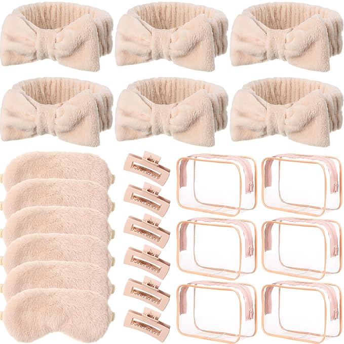 Hoteam 24 Pcs Galentine Spa Party Favors Supplies 6 Spa Headband 6 Plush Sleep Eye Mask 6 Hair Claw Clips 6 Clear Cosmetic Bags for Adult Sleepover Slumber Party Valentine Gift(Beige)