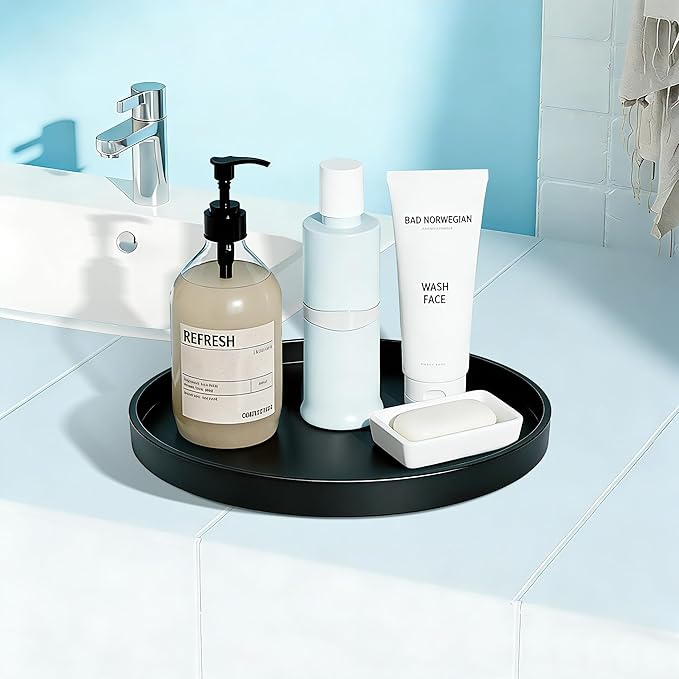 1 Pack 10" Bathroom and Vanity Tray, ABS Bathroom Counter Organizer， Coffee Table Decor for Perfume, Candles, Keys &More. Kitchen Countertop Organizer, Decorative Tray Soap Holder, Black